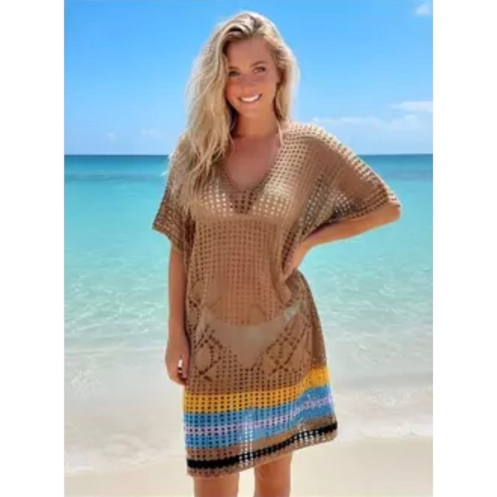 DOKOTOO Women's Crochet Tunic Cover Up XL Brown Stripe V Neck Beach Dress